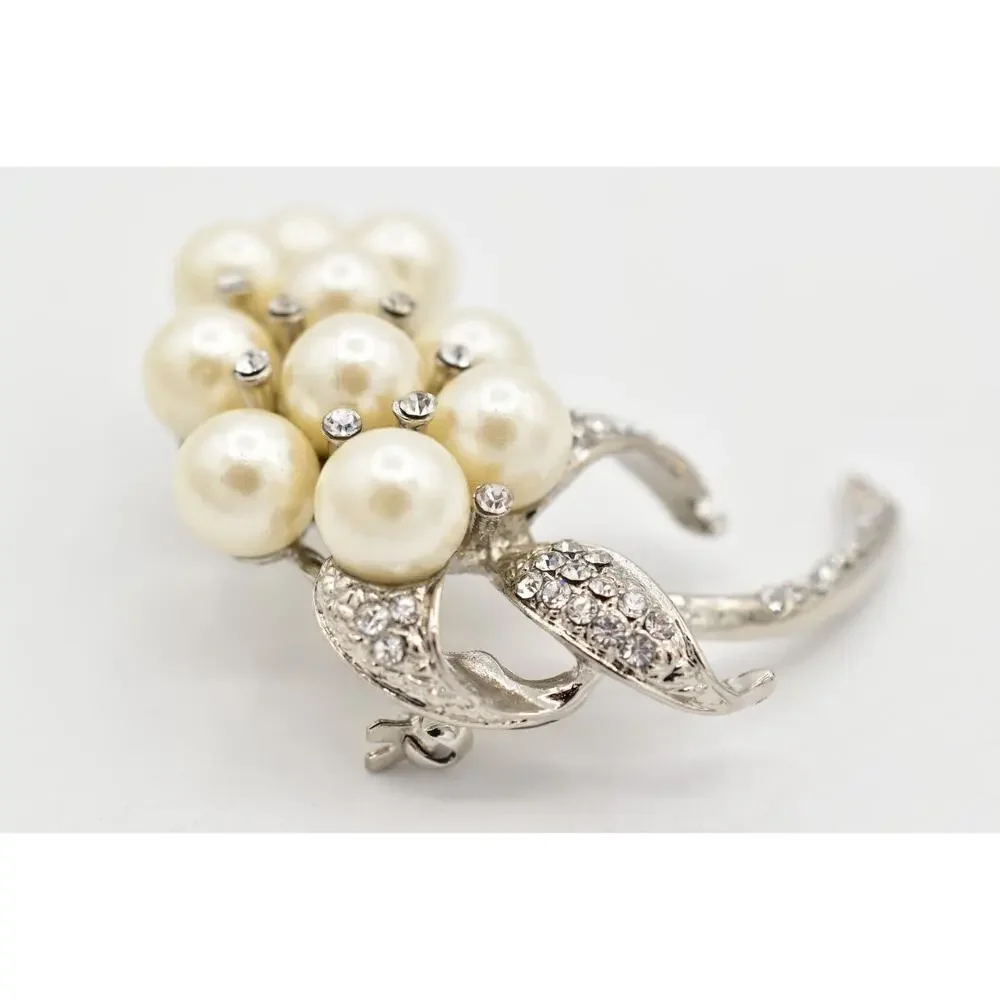 Vintage Crystal Pearl Flower Pin Brooch Burst Pave Shiny Bridal Ice Y2K A26